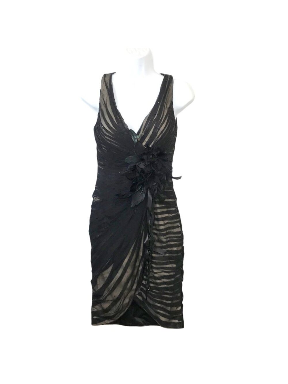 Mignon Feather Embellished Cocktail Evening Dress XS Elegant Ruched LBD Whimsy